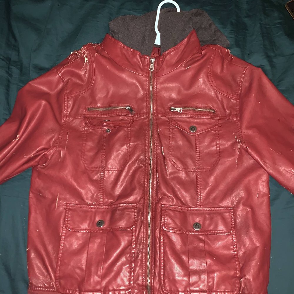 Black premium burgundy hooded leather jacket